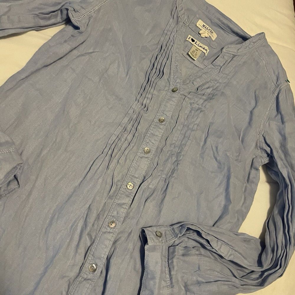 Melvin‎ I Love Linen Blue Longsleeved Blouse Buttondown Pleated Medium M